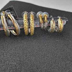 Twisted Cable, Hammered Gold & Silver Tone Hoop Earrings  4 pair